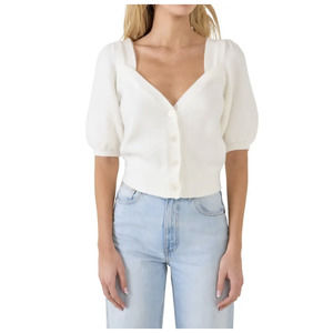 English Factory Sweetheart Puff Sleeve Knit Cropped Cardigan White Size Large